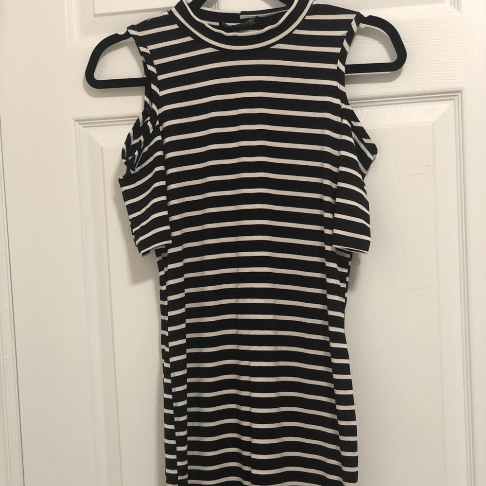 Black and white striped cold shoulder dress